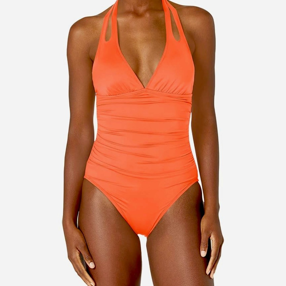 La Blanca Island Goddess Halter One Piece Swimsuit Bird of Paradise Melon NWT